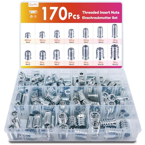Gewindeeinsatz, Gorffy 170 Stück Einschraubmutter Holz, M6/M8/M10 Legierter Stahl Einschraubmuffen Gewindebuchse, Gewindebuchse Gewindeeinsatz für Holzmöbel, Silbern Einschraubmutter mit Box