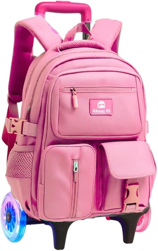 Mochila Escolar com Rodinha, Compartimento para Lápis e Caneta, Resistente à Água, com Rodas LED Coloridas (CARRINHO + MOCHILA Rosa)