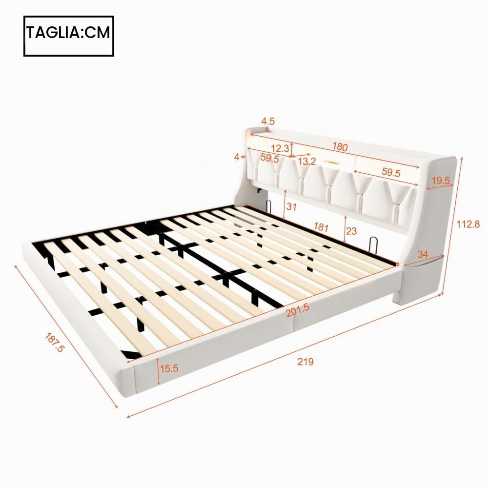 Letto matrimoniale 180 x 200 cm, con prese e illuminazione LED, testiera imbottita con contenitore, letto una piazza e mezza, gambe extra larghe, design letto sospeso, velluto, beige