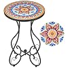 VONLUCE Outdoor Side Table and Mosaic Plant Stand Round End Table with 14 Ceramic Tile Top for Patio Porch Decor 21 Tall Indoor Outdoor Accent Table Small Coffee Table for Home Garden Ukrainian