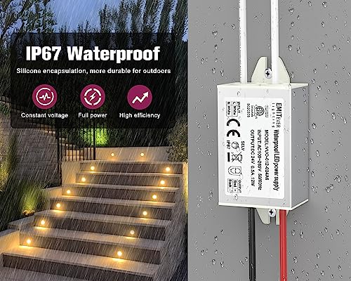 emitever 24volt led power supply driver 12w 2-pack etl listed waterproof ip67 low voltage transformer 120v ac to 24v dc converter for led strip spotlight cabinet tape lights and outdoor lighting