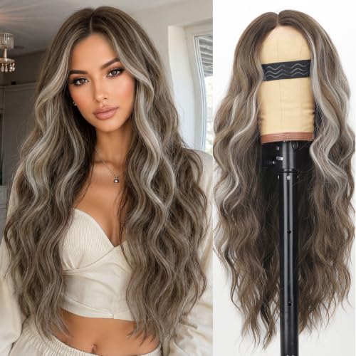 Image of AISI HAIR Brown Highlight Wig for Women, Wavy Synthetic Lace Wig 26Inch