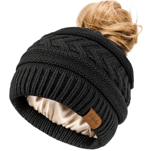 Bebila Ponytail Beanies for Women Smooth Satin Liner Winter Knit Hat with Ponytail Hole for Running Workouts Black