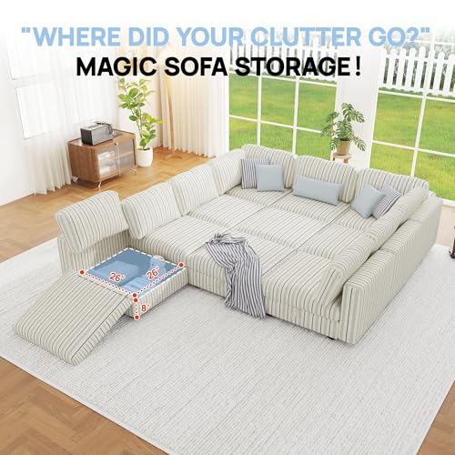 Image of 99 inch Cotton Linen Modular Sectional Sofa Bed with Hidden Storage, 10 Seat Convertible L U Shaped Sleeper Couch with Ottoman Chaise, Farmhouse Modular Sectional Couch with Removable Cover for LivingRoom