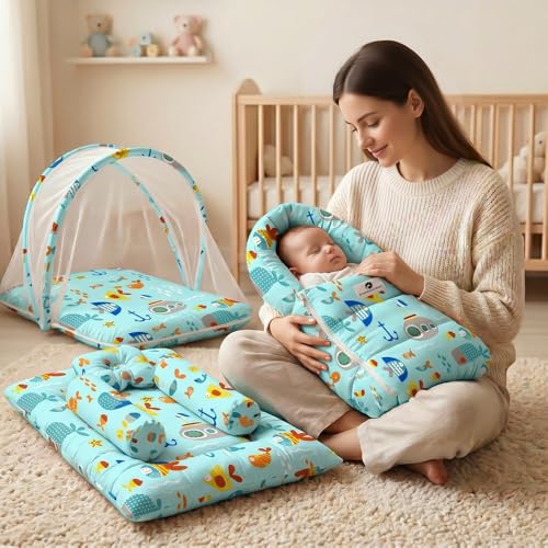 Image of StarAndDaisy Baby Carry Nest Combo Set for 0-12 Months | Baby Lounger, Bedding Nest & Mosquito Net Portable & Foldable Infant Bed Set Soft Mattress with Cushions (Aqua Print)