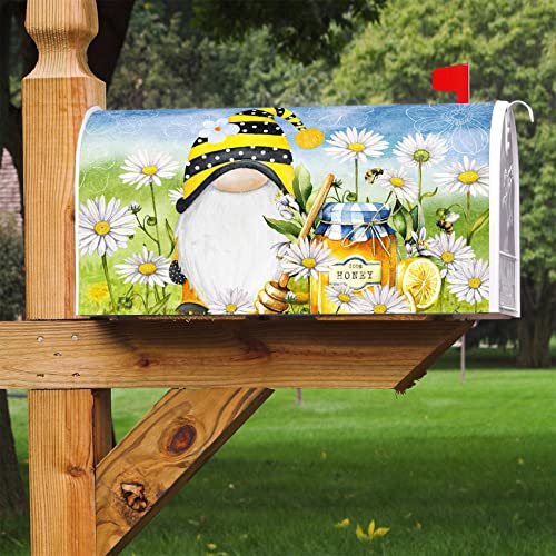 Image of Texupday Spring Bee Gnome Honey Daisy Floral Decoration Mailbox Cover with Magnetic Strip Summer Mailbox Wraps Post Letter Box Cover Standard Size 21 inch X 18 inch for Garden Outdoor Yard Decor