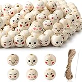 120 Stück Holzperlen mit Gesicht, 20mm Naturholzperlen mit Loch für Sorgenpüppchen, 6 Stile...
