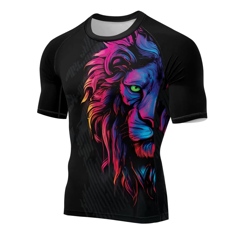 Lion Men's Short Sleeve Compression Shirt Baselayer Skin Performance Fit Rash Guard for MMA BJJ Jiu Jitsu No Gi2