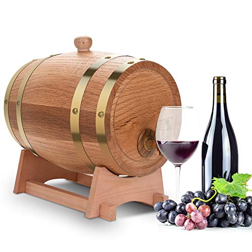Wakects Wine Spirit Storage Barrel, 3L Wood Oak Beer Dispenser Barrel with Wood Stand for Whiskey Bourbon Tequila, 9.25 x 6.3 inch