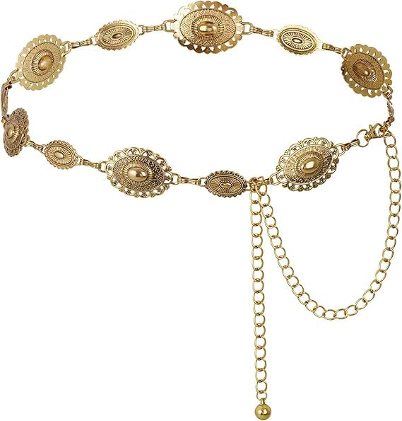 Western Oval Concho Chain Belt for Women Metal Waist Chain Belt for Dresses Jeans Western Cowgirl-image-4