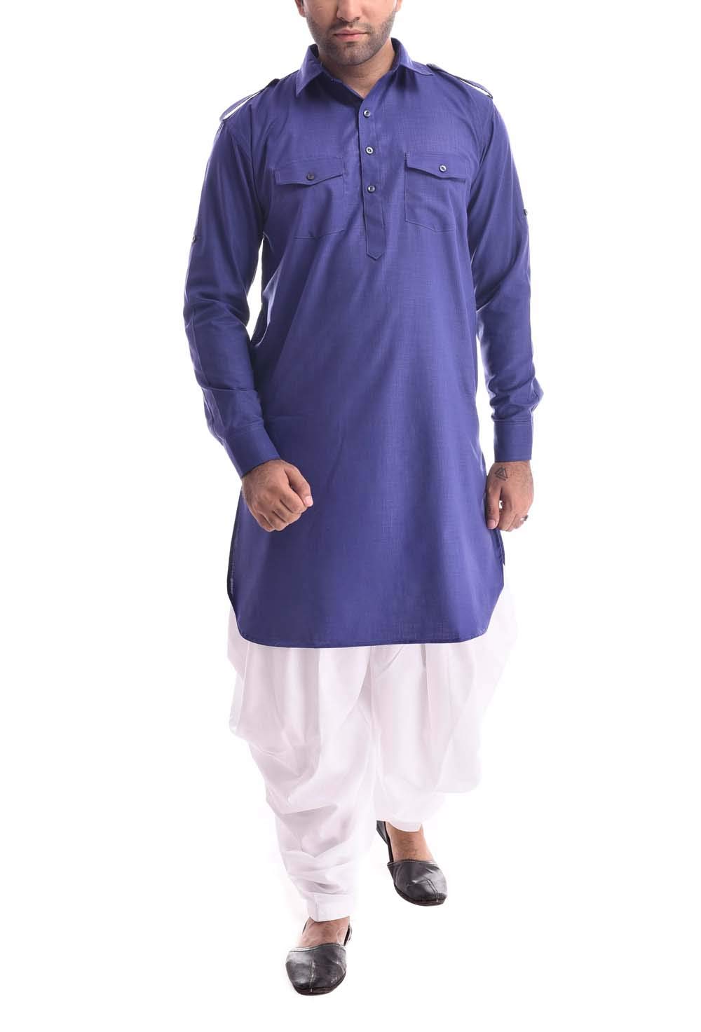 Men Linen Pathani Kurta and Patiala Salwar Blue