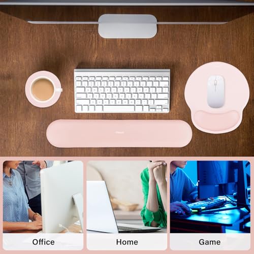Image of MOSISO Wrist Rest Support for Mouse Pad&Keyboard Set, Circle Curved Ergonomic Mousepad&Coaster Non-Slip Base Home /Office Pain Relief&Easy Typing Pad with Soft Cloth&Raised Memory Foam, Chalk Pink