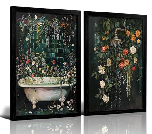 LDXCJXOR Floral Bathroom Wall Art, 2 Pcs Black Framed Canvas Painting Vintage Bathtub...