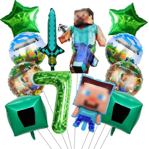 Adornos de cumpleaños para niños jugadores, globos de cumpleaños para niños de 7 años, 12 piezas que incluyen globos de personajes, redondos de aluminio, pentagrama, números, cuadrados y espadas,