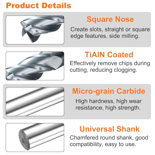 Image of HARFINGTON 5pcs Carbide Square Nose End Mill Bit 1 /2 inch Cut Dia 4 Flutes TiAlN Coated Milling Cutter for Hardened Steel Metal (1 /2 inch Shank 1 inch Cut Length 3 inch Long 30 Degree Helix HRC53-55)