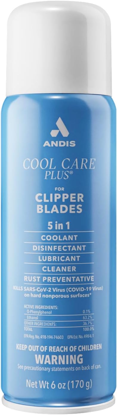 Andis 12556 Cool Care Plus 5-in-1 Clipper Blade Spray - Professional Grooming Tool with Easy Cleaning, Cooling, Disinfecting, Lubricating, and Rust Prevention – All Hairs Type, 6 Oz – Blue