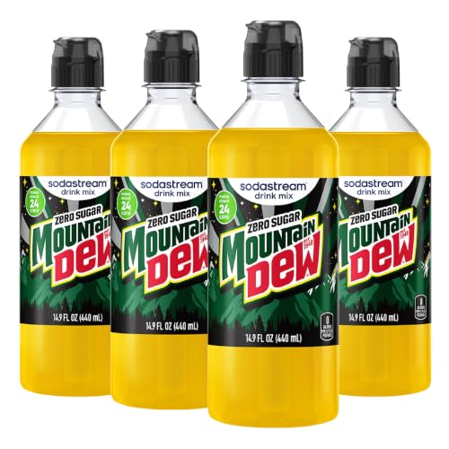 Image of SodaStream Mountain Dew Zero Sugar Drink Mix, 4 Pack Soda Syrup for Sparkling Water Makers, Zero Calorie Soda Stream Flavors, Makes About 96 Drinks, 4 x 14.9 Fl Oz (440ml)