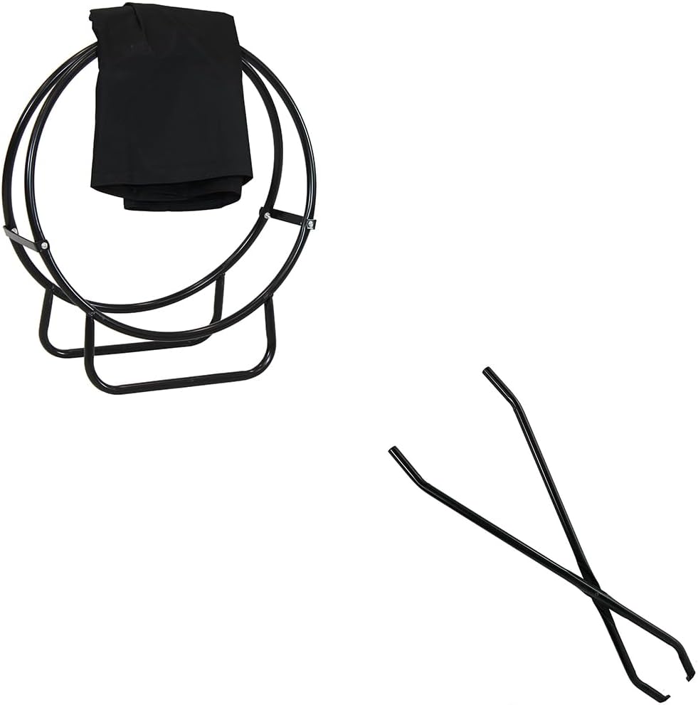 Sunnydaze Steel Round Firewood Rack Hoop, PVC Cover, and Log Grabber Set - 24" Diameter x 9" Depth x 30" Height, Black