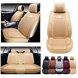 OASIS AUTO Car Seat Covers Premium Waterproof Faux Leather Cushion Universal Accessories Fit SUV Truck Sedan Automotive Vehicle Auto Interior Protector Full Set (OS-008 Tan)