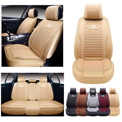 OASIS AUTO Car Seat Covers Premium Waterproof Faux Leather Cushion Universal Accessories Fit SUV Truck Sedan Automotive Vehicle Auto Interior Protector Full Set (OS-008 Tan)