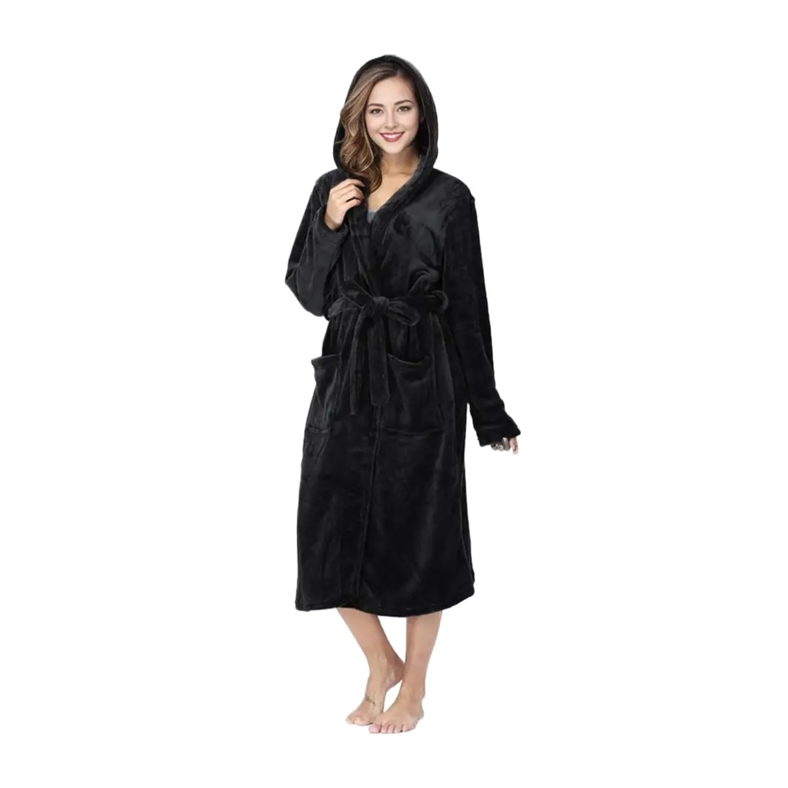 Peignoir à capuche pour femmes en peluche longue avec poches amples