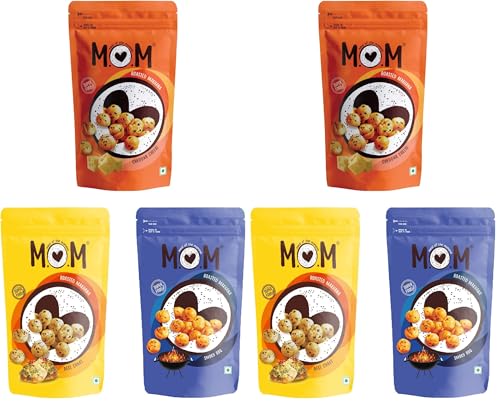 Image of MOM - Meal of the Moment, Roasted Makhana Pack of Desi Chaat, Cheddar Cheese, and Smoky BBQ, 52g Each - Gluten Free | Anti Oxidants | MSG Free | Zero Trans Fat | No added Preservatives and No Artificial Flavours