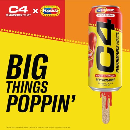 Image of C4 Performance Energy Drink, Cherry Popsicle, Zero Sugar Carbonated Preworkout Energy, 200mg Caffeine with Beta Alanine, 16 Fl Oz (12 Pack)