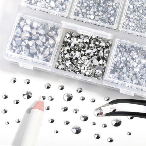 Image of Beadsland 4300pcs Flatback Rhinestones,Silver Rhinestone Nail Gems Round Crystal Rhinestones for Crafts,Mixed 6 Sizes with Picking Tweezers and Wax Pencil Kit, SS6-SS20,Silver Hematite