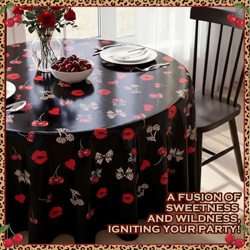 Image of Ganeen 6 Pcs Cheetah Cherry Plastic Tablecloth 84 Inch Red Black Leopard Round Tablecloths Birthday Decor Disposable Plastic Waterproof Table Covers for Weeding Tea Decoration Party Favor