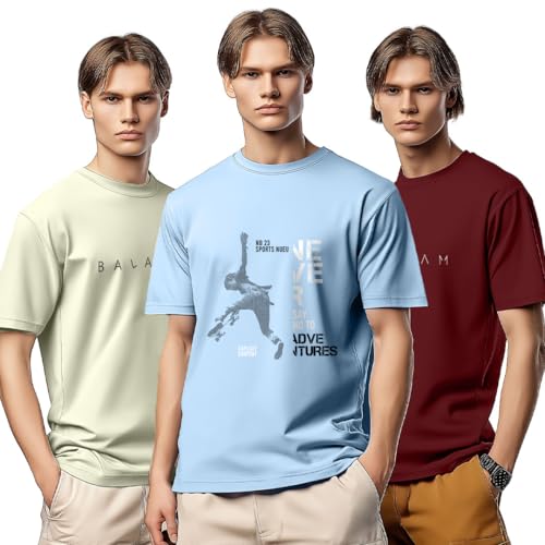 Image of Nobero 100% Cotton Tshirts for Men Combo Pack of 3 | Regular Fit | Printed | Round Neck Half Sleeve