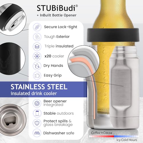 Image of Stainless Steel Beer Cooler With Bottle Opener, Vacuum Insulated Can Cooler 12 oz for Bottles Cans, 4-in-1 Universal Insulator Coozy for Bottles Cans, Best Beer Gifts for Men (Black)