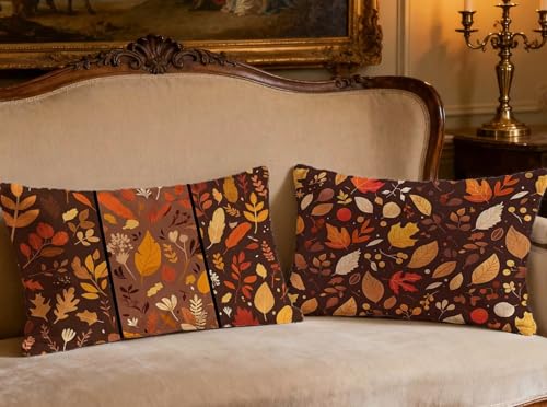 Housse coussin 40x80cm marron velours résistant impression feuille recto verso