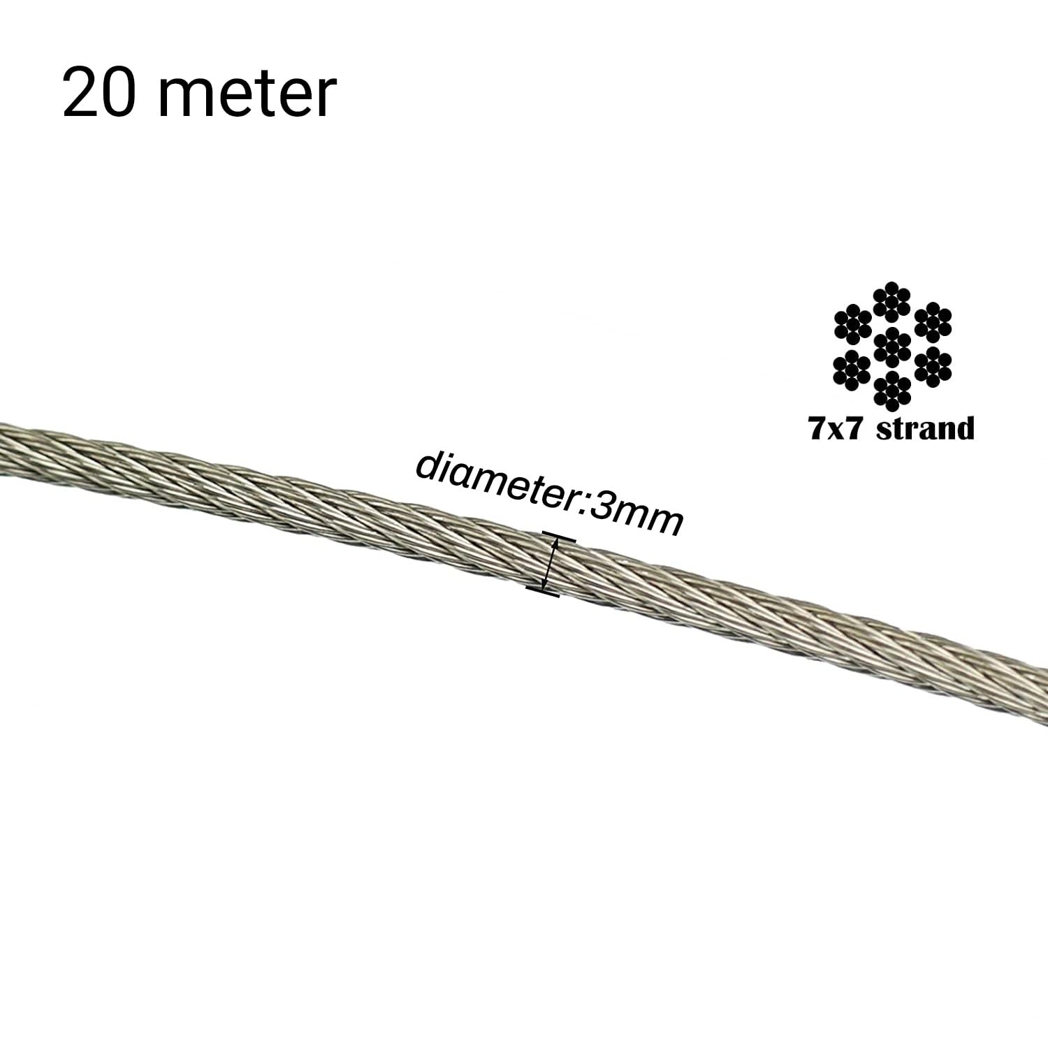 Filo di Acciaio 20/30/50M 3 Millimetri di Diametro 7X7 Costruzione in Acciaio Inox 304 Fune da Pesca Cavo di Sollevamento Ringhiera Corda Accessorio Filo di Acciaio(30M)