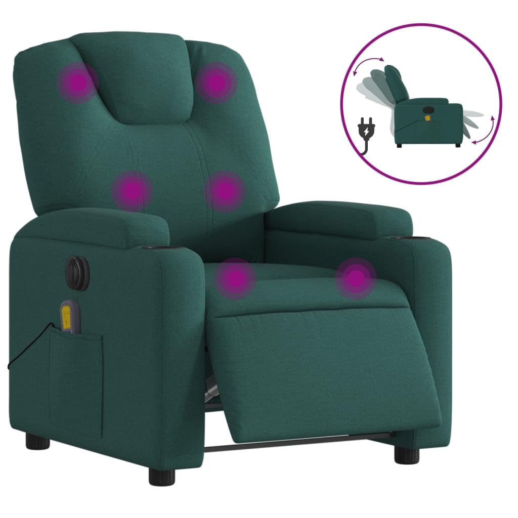 Poltrona Massaggiante Reclinabile Elettrica Verde Scuro Tessuto,Poltrona Massaggiante,Poltrona Relax Massaggiante,Poltrone Relax per Soggiorno-3204362