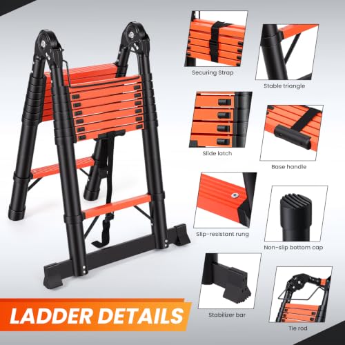 Image of Telescoping Ladder 16.5 FT A Frame, Extension Multi-Purpose with Balance Bar Heavy Duty 330 lbs Max Capacity for Home and Outdoor Work, Orange