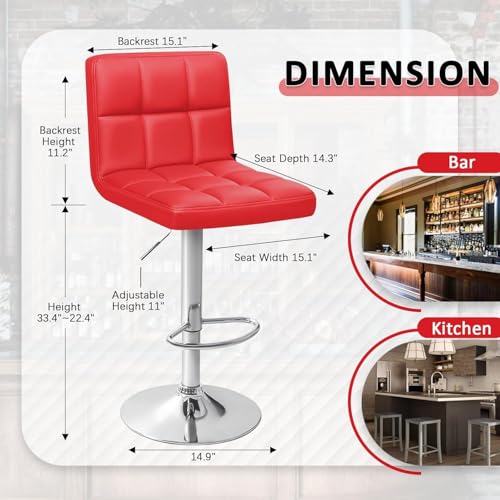 Image of Homall Bar Stools Modern PU Leather Adjustable Swivel Barstools, Armless Hydraulic Kitchen Counter Bar Stool Extra Height Square Island Barstool with Back Set of 2 (Leather, Red)
