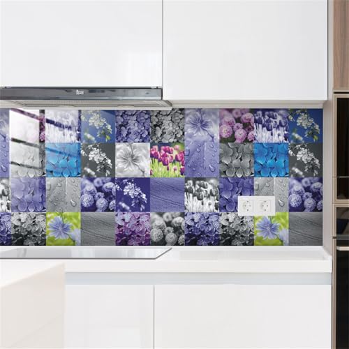 DOTBUY-SHOP Adesivi Piastrelle per Cucina Bagno, Motivo Fiore Sticker Piastrelle Impermeabile 24 Pezzi Adesivi Parete Autoadesivo Sticker Parete per Fai da Te, Decorazione (Glicine,10x10cm)