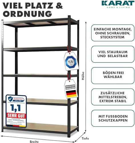 KARAT Schwerlastregal, 2er Set - Steckregal, Kellerregal, Lagerregal - 5 verstellbare Böden (Schwarz, 50 x 100 x 200 cm)