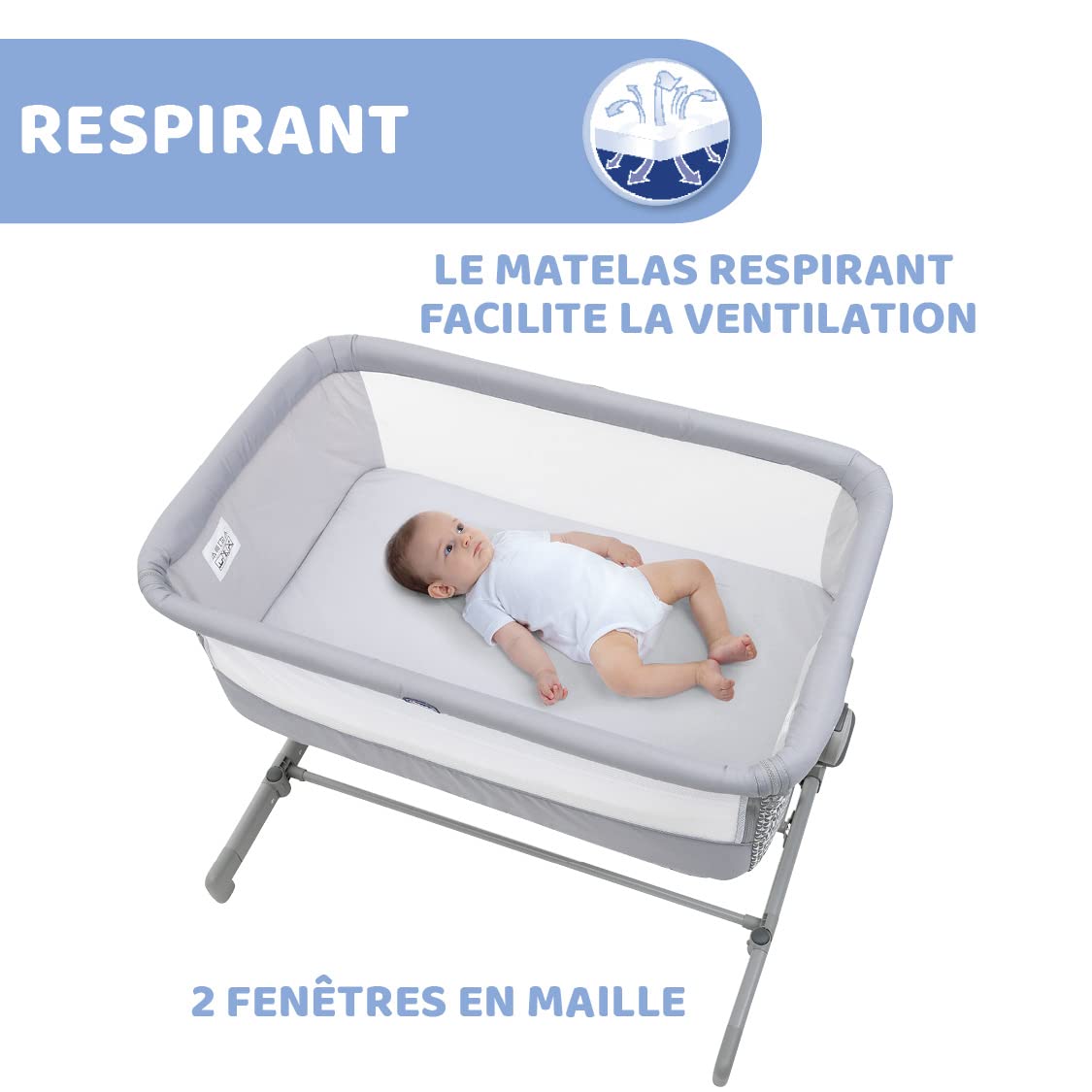Chicco Next2Me Go Berceau Bébé Lit Latéral, Compatible avec Plusieurs Lits, Réglable en Hauteur, Bonne Circulation d’Air, Berceau de Voyage, Lit de Voyage, Pliable, Gris Clair