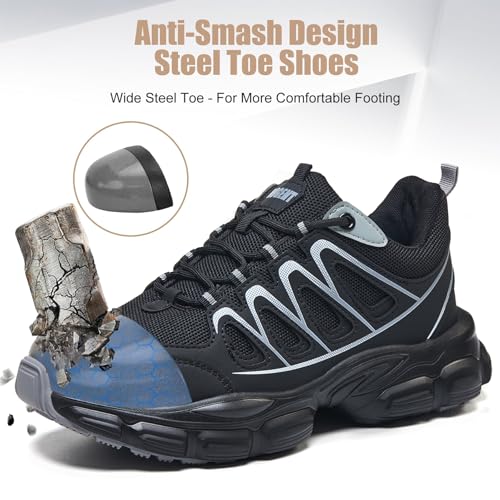 Image of Hogent Steel Toe Shoes for Women Men Wide Non Slip Work Sneakers Indestructible Shoes Lightweight Breathable Construction Sneakers Puncture Proof Ergonomic Design