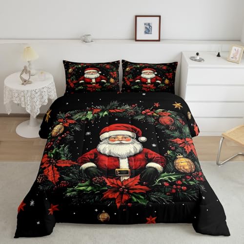 Kawaii - Juego de edredón de Papá Noel de tamaño doble para niños, adolescentes, juego de ropa de cama rústica con corona de Navidad, decoración de dormitorio para jóvenes y hombres, flores rojas de