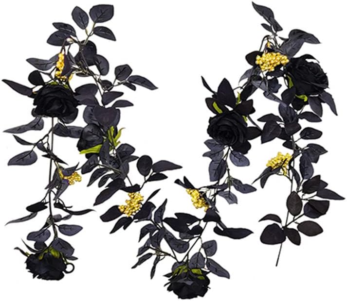 2PACK Artificial Black Rose Vine, Halloween Flower Garland with Roses and Golden Berries, Black Leaves Garland, Hanging Floral Garland for Halloween Home Wall Decorations,5.9 Ft (Black Roses)