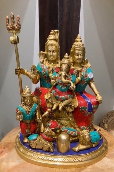 Image of Brass Shiv Parivar Statue 25 cm Shiv Parivar Lord Shiva Parvati Kartikeya and Ganesha Murti Shiv Family Parivar Idol Statue for Home Decor Mandir Showpiece 5.4 Kg (Design 3)