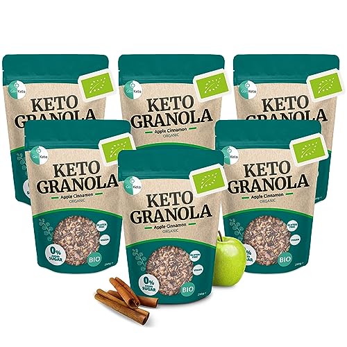 Go-Keto BIO Keto Granola Apple Cinnamon 6x 290g – LowCarb Keto Muesli para un delicioso desayuno keto, con chips de coco, nueces, frutas, semillas de girasol y de calabaza, vegano, sin gluten