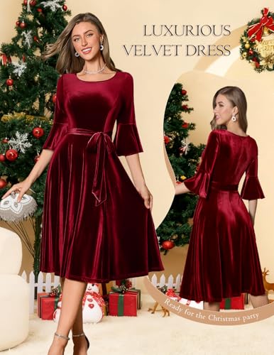 Image of HomRain Women's Church Dresses Modest Bell Sleeve Wedding Guest Cocktail Tea Party Vintage Evening Dress