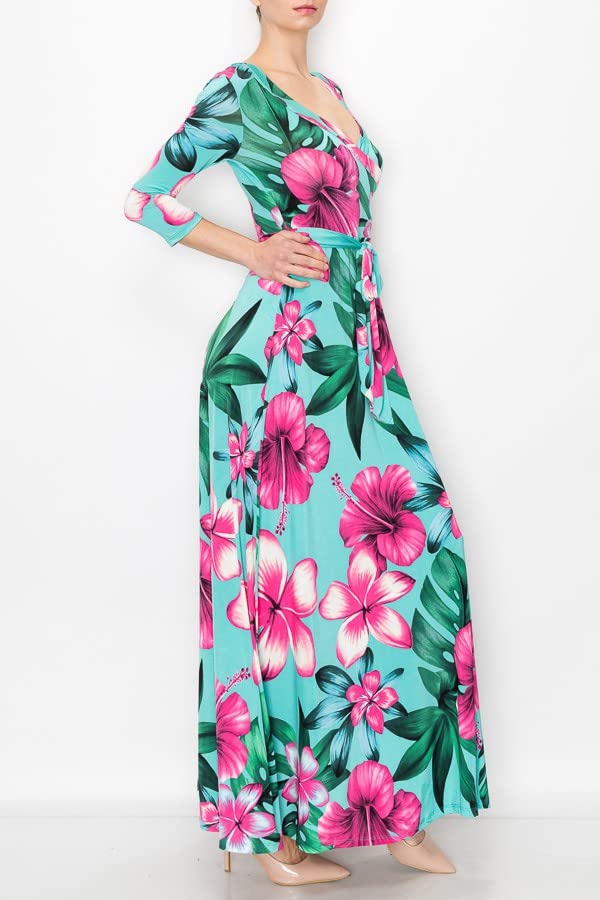 Image of Women's 3 /4 Sleeve V-Neck Printed Maxi Faux Wrap Dress Navy Fuchsia L