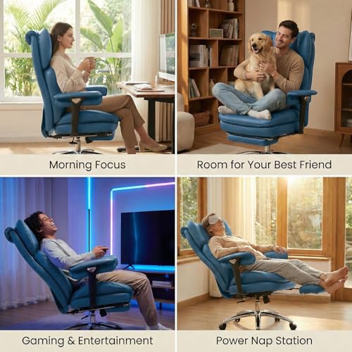 Image of Efomao Big & Tall Desk Chair, Executive Office Chair with Footrest, Blue | True 400lb big & tall desk chair. 22 inch wide seat & 7 inch thick cushion for plus-size comfort, with footrest for WFH naps.