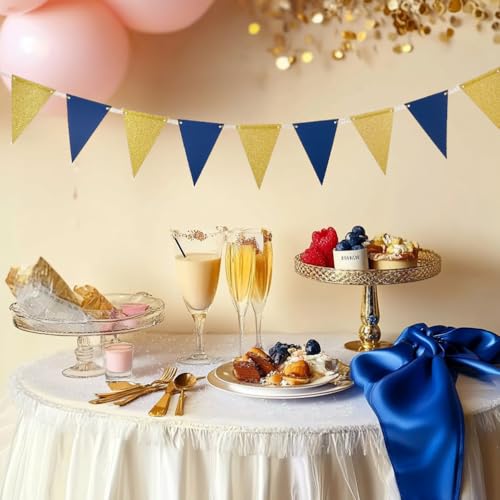 Image of MOWO Gold Blue Pennant Banner Paper Bunting Hanging Decoration for Birthday Graduation Retirement New Year's Party, Pack of 30 Counts Pennant, 20 feet