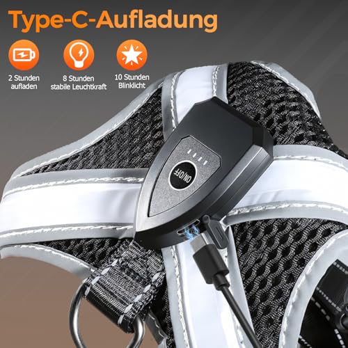 LED Hundegeschirr Leuchtend - Bequemes Leuchtgeschirr für Hunde, 7 Farben & Blinkmodi - USB-C Aufladbar, 11h Laufzeit - Für Mittelgroße Hunde 8-25kg