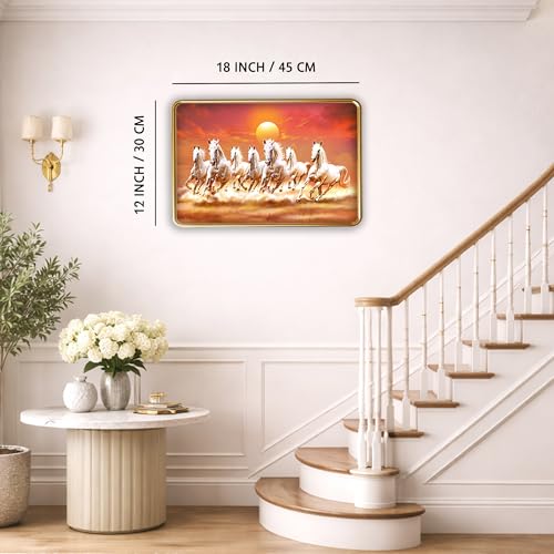 Image of XOPY Seven Running Horses with Golden Frame | Vastu 7 horses Raw Pyrite Painting for Home, Office & Living Room Wall Decore | 12X18 Inch Sparkle Laminated Frame | Best For Gifting (3070, 12X18)